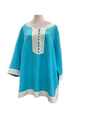 KERRY BROOKE XL aqua blue/white long sleeve linen blend tunic top fabric buttons